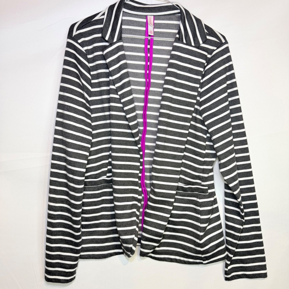 Xhilaration Womens XXL Grey White Striped Open Front Knit Blazer Jacket Stretch